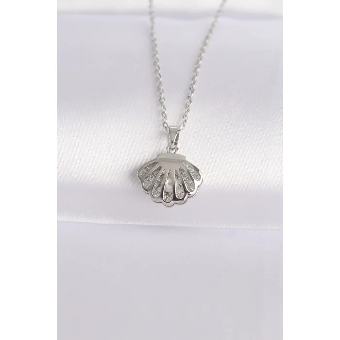 316L Çelik Zincir Gümüş Renk Zirkon Taşlı İnci Detay İstiridye Kolye