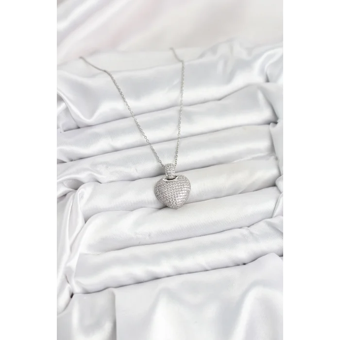 316L Çelik Zincir Gümüş Renk Zirkon Taşlı Kalpli Kadın Kolye