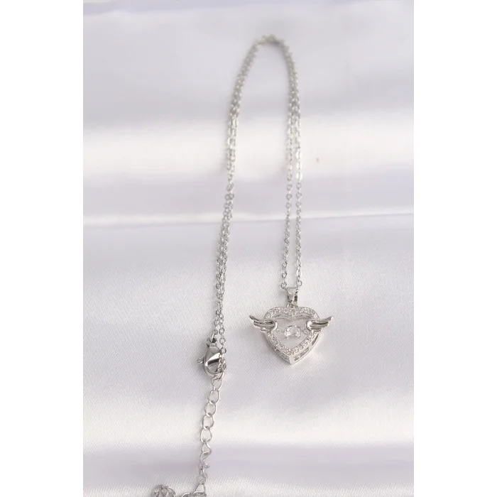 316L Çelik Zincir Gümüş Renk Zirkon Taşlı Kanatlı Kalp Kolye