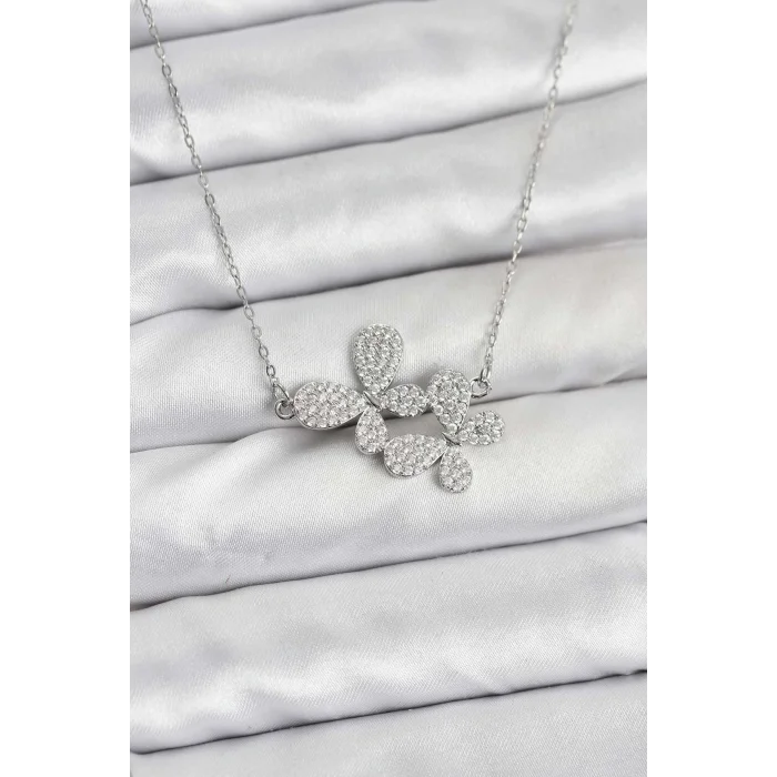 316L Çelik Zincir Gümüş Renk Zirkon Taşlı Kelebek Model Kadın Kolye