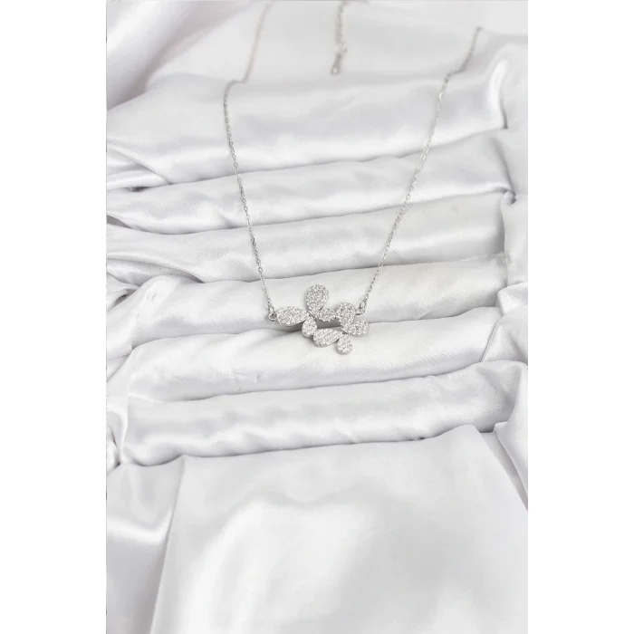 316L Çelik Zincir Gümüş Renk Zirkon Taşlı Kelebek Model Kadın Kolye