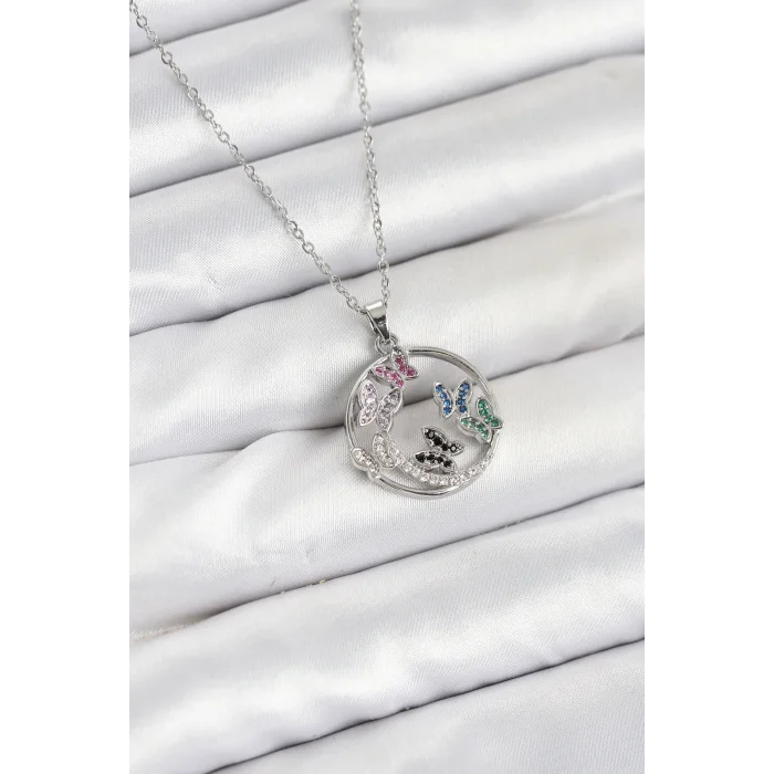 316L Çelik Zincir Gümüş Renk Zirkon Taşlı Kelebekli Kadın Kolye