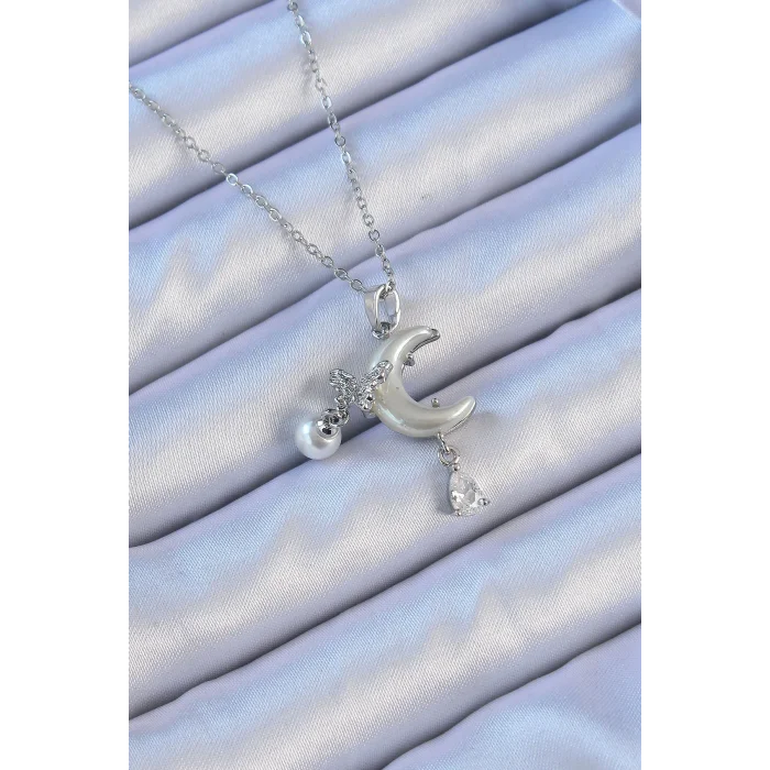 316L Çelik Zincir Gümüş Renk Zirkon Taşlı Kelebekli Mineli Ay Kolye