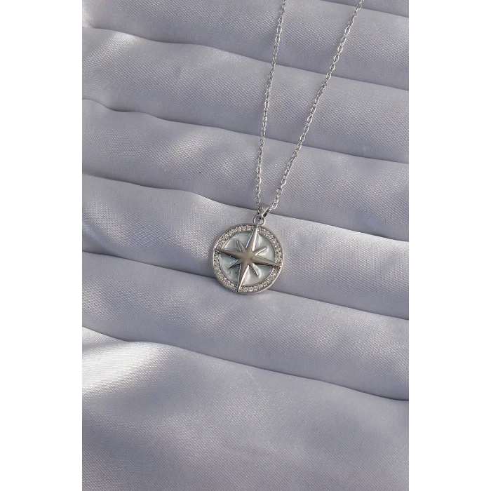 316L Çelik Zincir Gümüş Renk Zirkon Taşlı Kutup Yıldızı Kolye