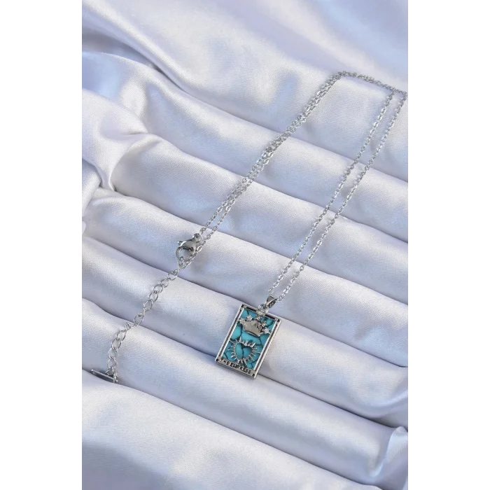 316L Çelik Zincir Gümüş Renk Zirkon Taşlı Mavi Mermer Desenli Taç Model Tarot Kolye