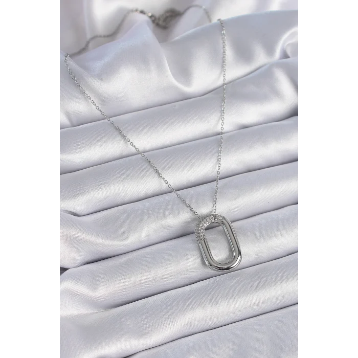 316L Çelik Zincir Gümüş Renk Zirkon Taşlı Oval Halka Model Kadın Kolye