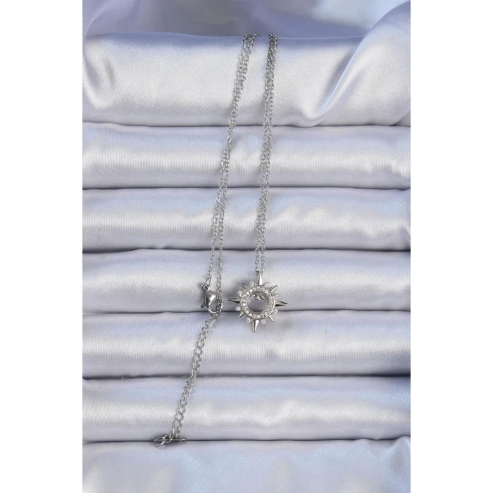 316L Çelik Zincir Gümüş Renk Zirkon Taşlı Parlayan Yıldız Kolye