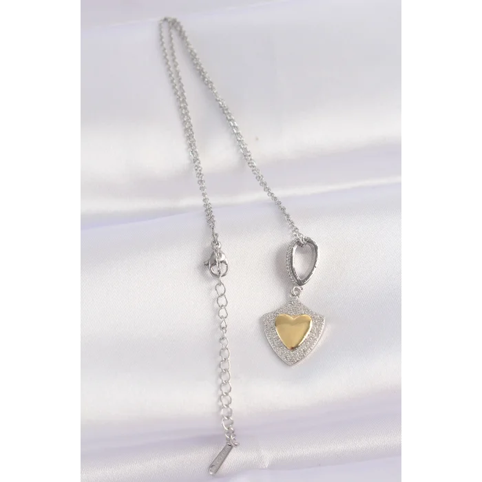 316L Çelik Zincir Gümüş Renk Zirkon Taşlı Tasarım Altın Renk Kalp Kolye