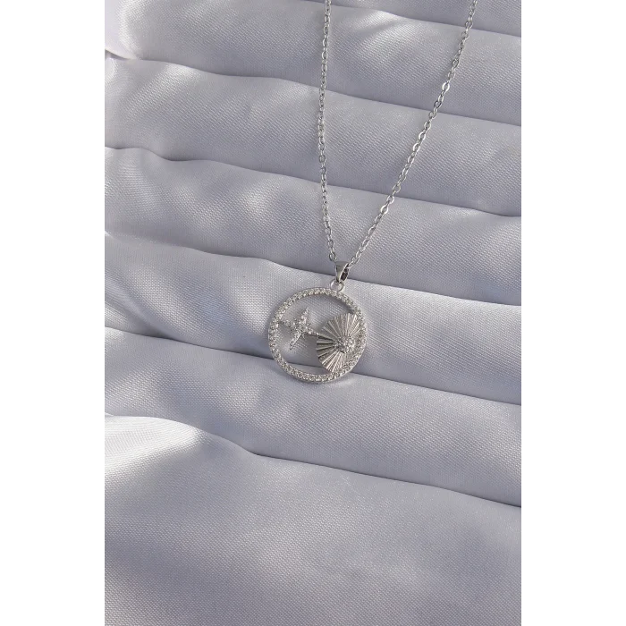 316L Çelik Zincir Gümüş Renk Zirkon Taşlı Yıldız Figürlü Oval Kolye