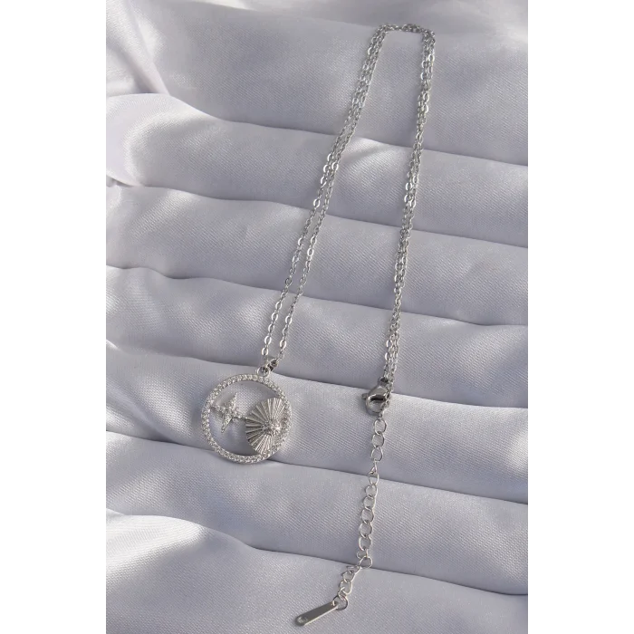 316L Çelik Zincir Gümüş Renk Zirkon Taşlı Yıldız Figürlü Oval Kolye