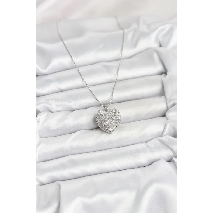 316L Çelik Zincir Gümüş Zirkon Taşlı Kalpli Kadın Kolye