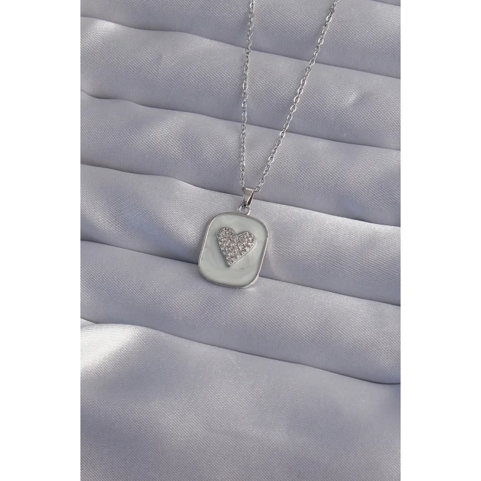 316L Çelik Zincir Mermer Desenli Gümüş Renk Zirkon Taşlı Kalp Model Kolye