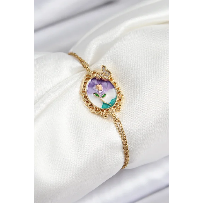 316L Çelik Zincir Mineli Sanatsal Portre Zirkon Taşlı Kelebek Detaylı Çiçek Model Gold Renk Kadın Bileklik