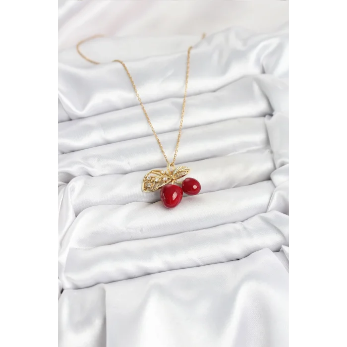 316L Çelik Zincir Yapraklı Kiraz Model Gold Renk Kadın Kolye