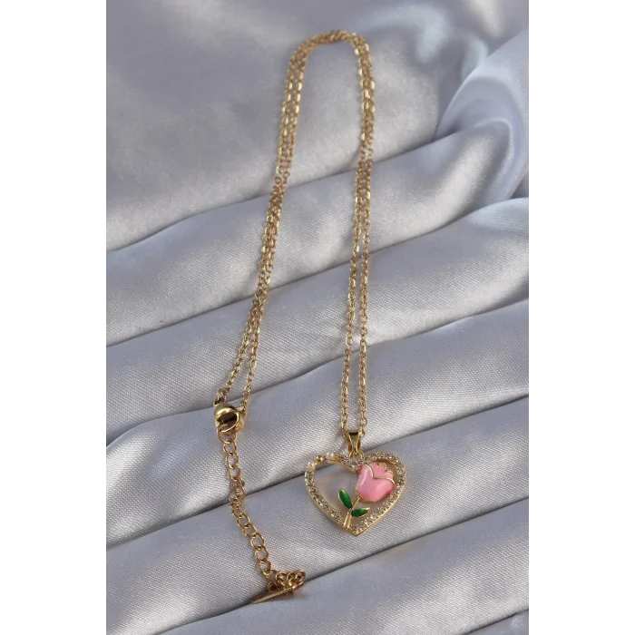 316L Çelik Zincirli Gold Renk Zirkon Taşlı Kalp İçinde Pembe Gül Tasarımlı Kolye