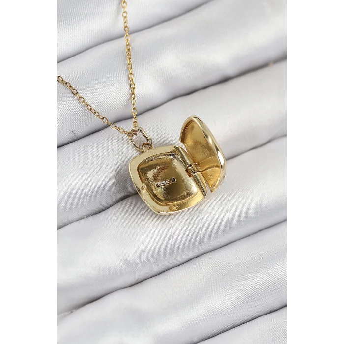 316L Çelik Zirkon Taşlı Açılabilr Kapaklı Göz Model Gold Renk Kadın Kolye