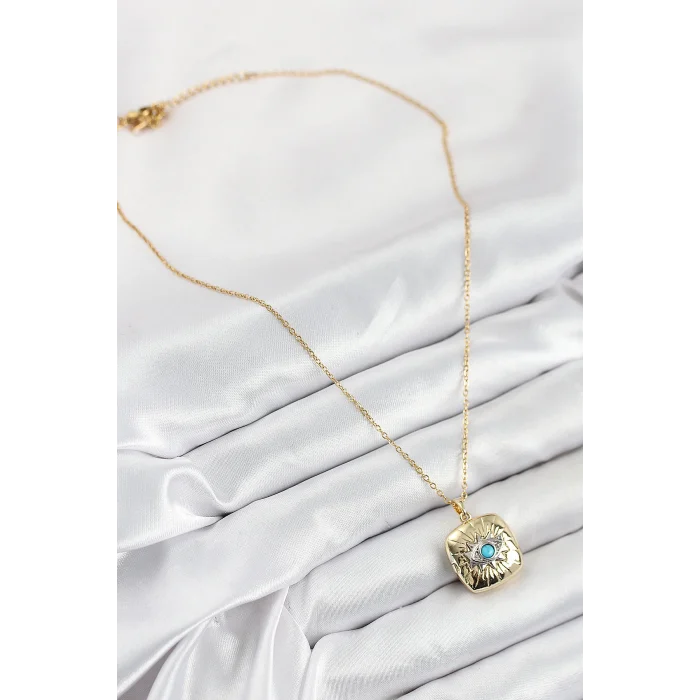 316L Çelik Zirkon Taşlı Açılabilr Kapaklı Göz Model Gold Renk Kadın Kolye