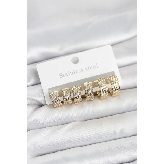 316L Çelik Zirkon Taşlı Gold Halka Küpe Seti