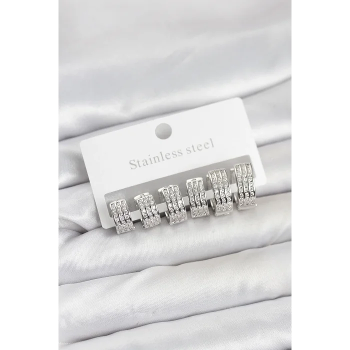 316L Çelik Zirkon Taşlı Gümüş Renk Halka Küpe Seti