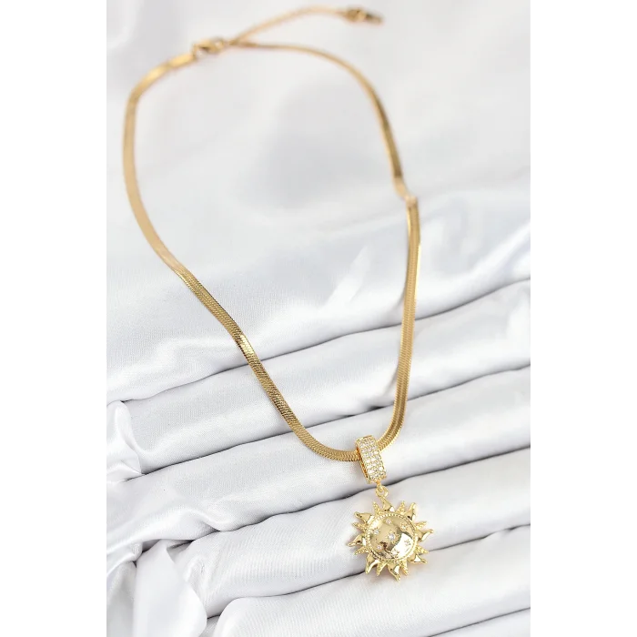 316L Çelik Zirkon Taşlı Güneş Model Gold Renk Kadın Kolye