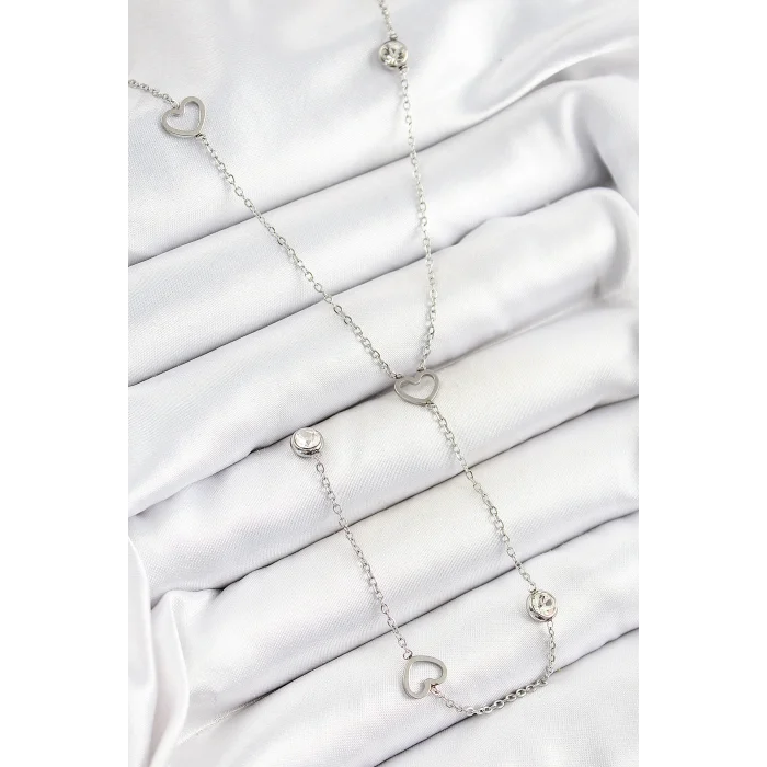 316L Çelik Zirkon Taşlı Kalp Figürlü Y Model Gümüş Renk Kadın Kolye