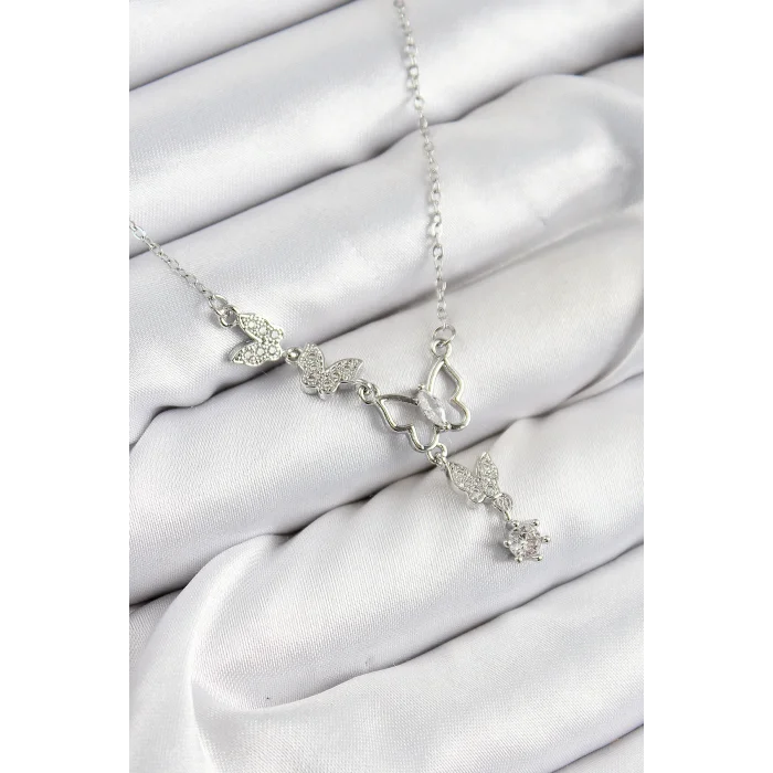 316L Çelik Zirkon Taşlı Kelebek Model Gümüş Renk Kadın Kolye