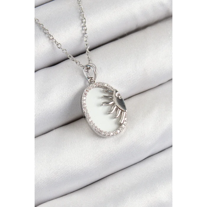 316L Çelik Zirkon Taşlı Yarım Güneş Model Gümüş Renk Kadın Kolye