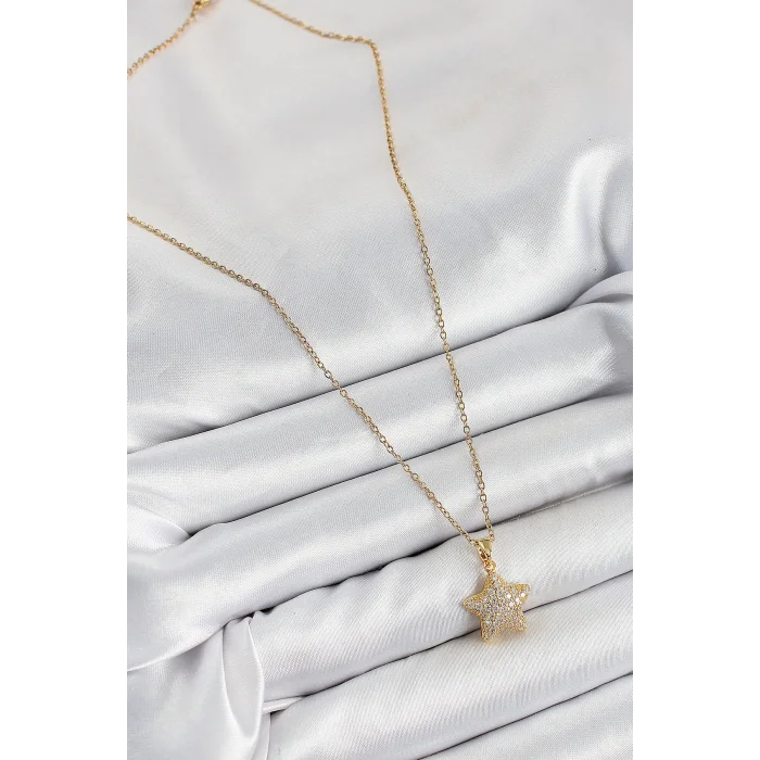 316L Çelik Zirkon Taşlı Yıldız Model Gold Renk Kadın Kolye