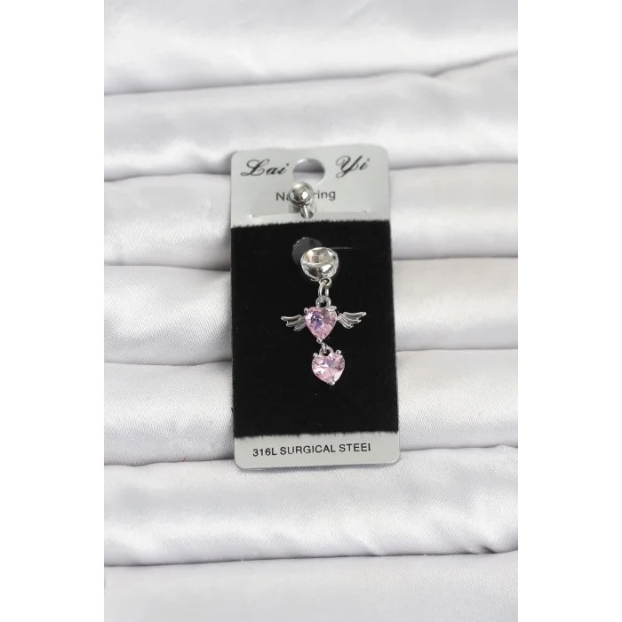 316L Cerrahi Çelik Pembe Zirkon Taşlı Kanat Model Göbek Piercing