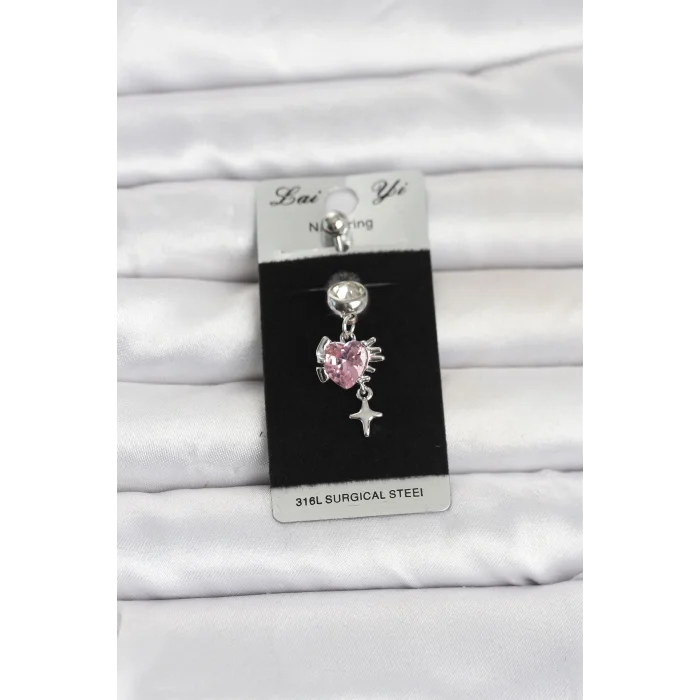 316L Cerrahi Çelik Pembe Zirkon Taşlı Model Göbek Piercing