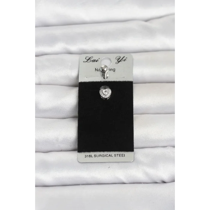 316L Cerrahi Çelik Zirkon Taşlı Kalp Model Göbek Piercing