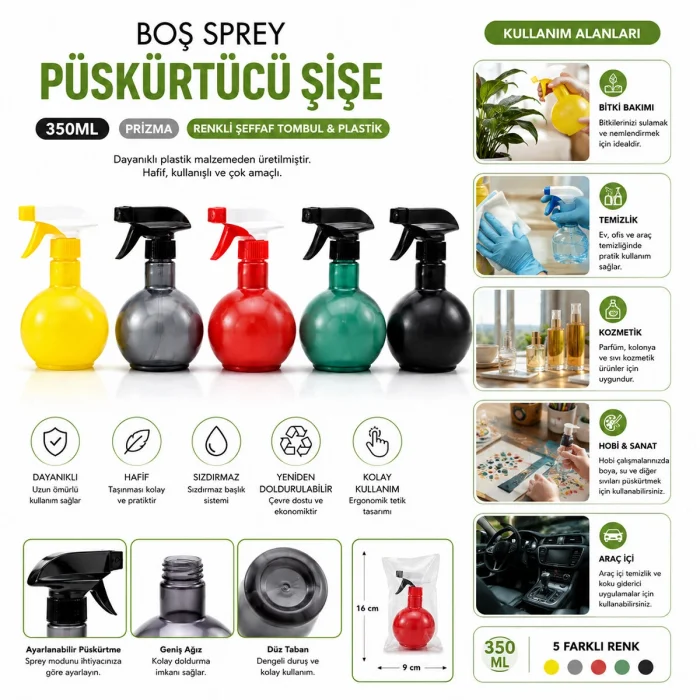 350ML PRİZMA RENKLİ ŞEFFAF TOMBUL - PLASTİK BOŞ SPREY PÜSKÜRTÜCÜ ŞİŞE (5047)