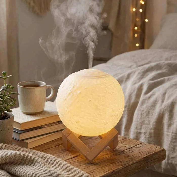 3D Ay Tasarımlı Su Yenilemeli USB Hava Nemlendiricisi – Dokunmatik, 3 Renk Işık Modlu (Gün Işığı / Beyaz / Sarı Işık) Gece Lambası (5047)