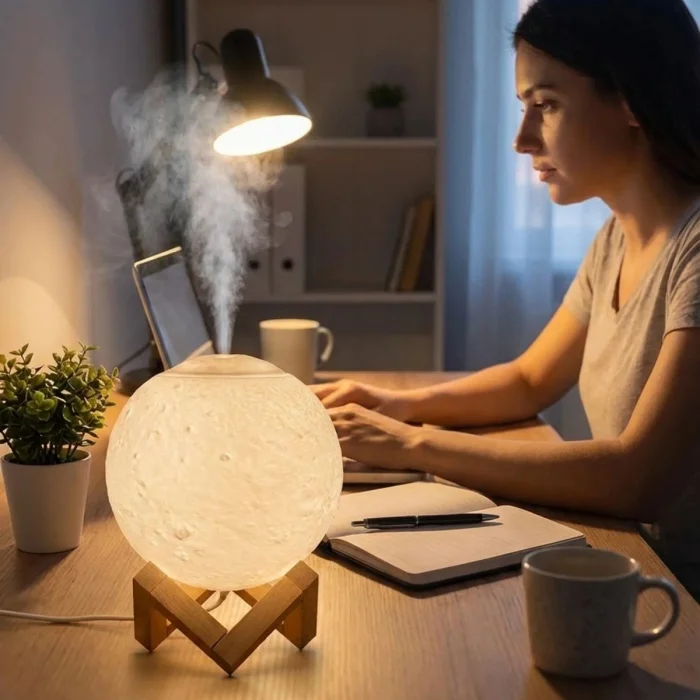 3D Ay Tasarımlı Su Yenilemeli USB Hava Nemlendiricisi – Dokunmatik, 3 Renk Işık Modlu (Gün Işığı / Beyaz / Sarı Işık) Gece Lambası (5047)