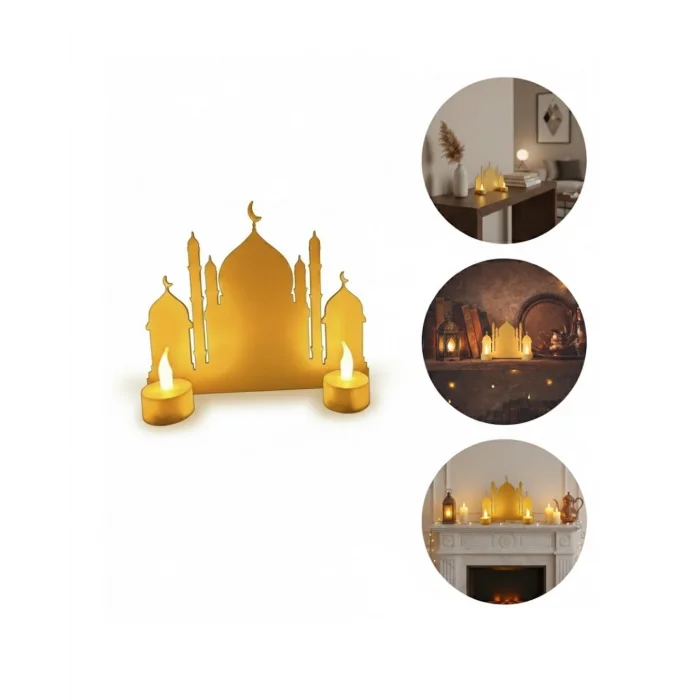 3D İki Mumlu Cami Dekor 2 Pilli LED Mum Hediyeli Masa Üstü Süs