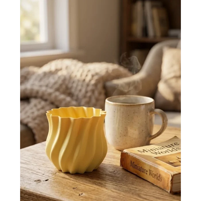 3D Kıvrımlı Sarı Vazo Modern Dekoratif Ev Aksesuarı Şık Tasarım
