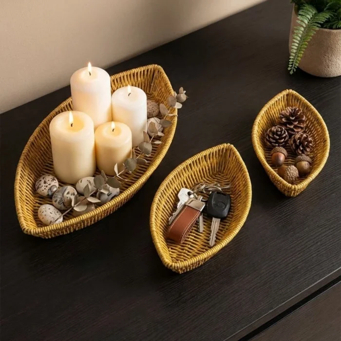 3’lü Kayık Formlu Plastik Rattan Sepet Seti–Hasır Görünümlü Ekmek, Meyve ve Sunum Sepetleri, Çok Amaçlı Masaüstü Organizer (5047)