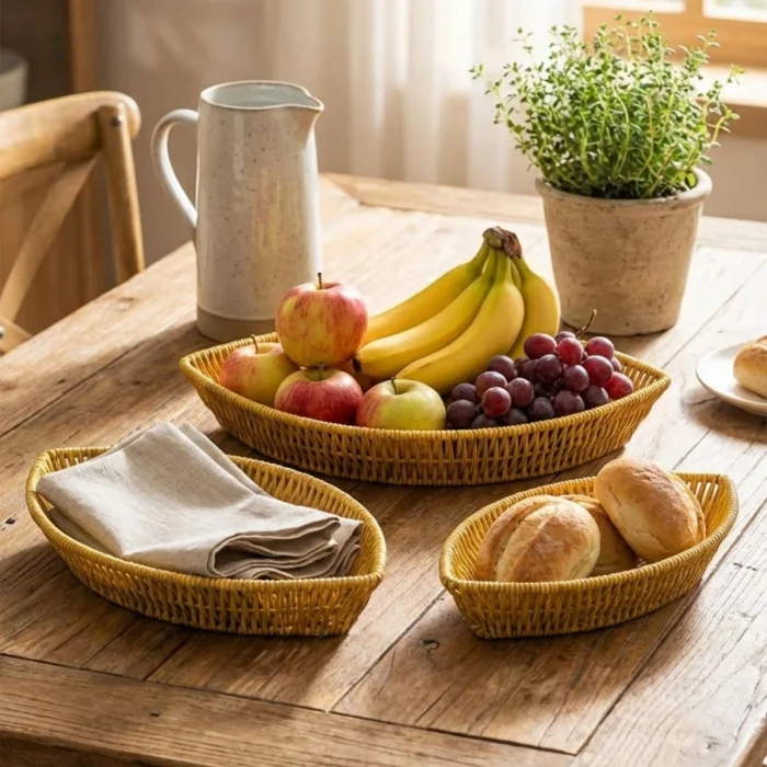 3’lü Kayık Formlu Plastik Rattan Sepet Seti–Hasır Görünümlü Ekmek, Meyve ve Sunum Sepetleri, Çok Amaçlı Masaüstü Organizer (5047)