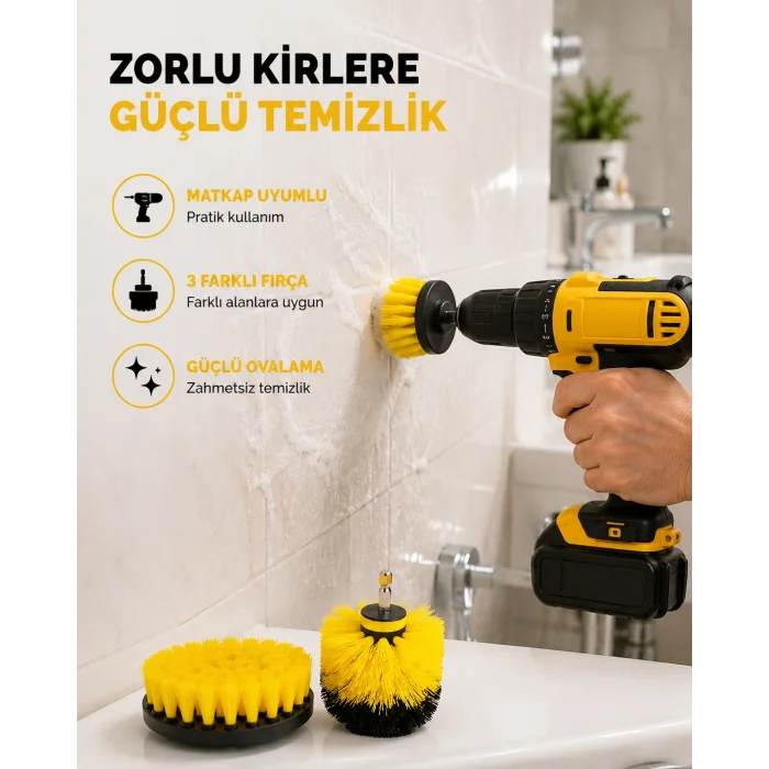 3’lü Matkap Ucu Fırça Seti – Derinlemesine Temizlik, Tüm Yüzeylerle Uyumlu Yeni Nesil