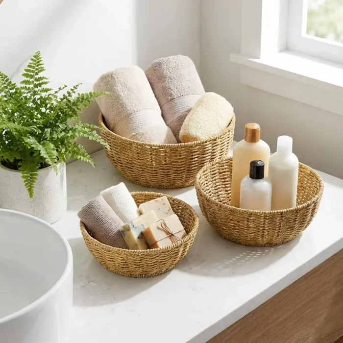 3’lü Plastik Rattan Çanak Seti – Hasır Görünümlü İç İçe Geçebilen Sunum ve Düzenleme Kaseleri, Mutfak & Masaüstü Çok Amaçlı Organizer