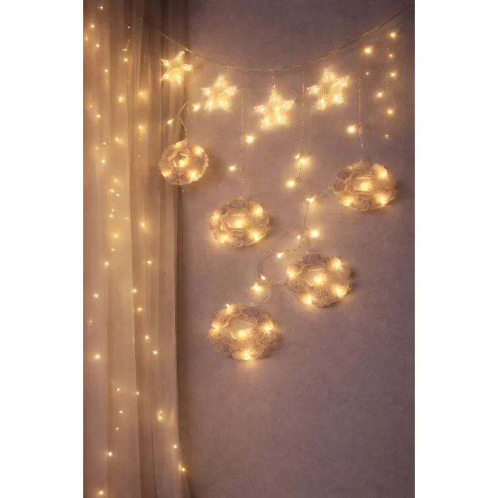 3MT FİŞLİ - EKLEMELİ RAMAZAN DEKOR LAMBA - PERDE LED SARI BEYAZ YUVARLAK CAMİ - YILDIZ EKL-09-04 (5047)