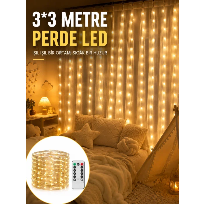 3x3 Metre Perde LED Işık – Parti ve Bahçe Dekorasyonu Yeni Nesil