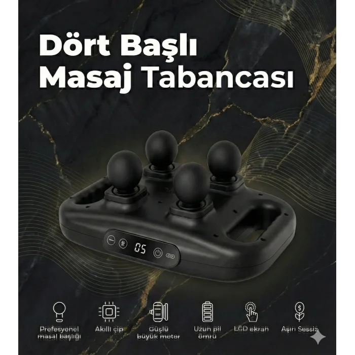 4 Başlıklı Masaj Tabancası - Ergonomik Derin Doku Sırt ve Boyun Masaj Aleti Ağrı ve Sızı Giderici