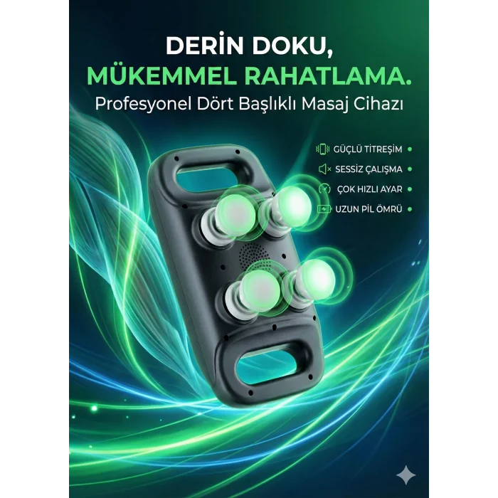 4 Başlıklı Masaj Tabancası - Ergonomik Derin Doku Sırt ve Boyun Masaj Aleti Ağrı ve Sızı Giderici