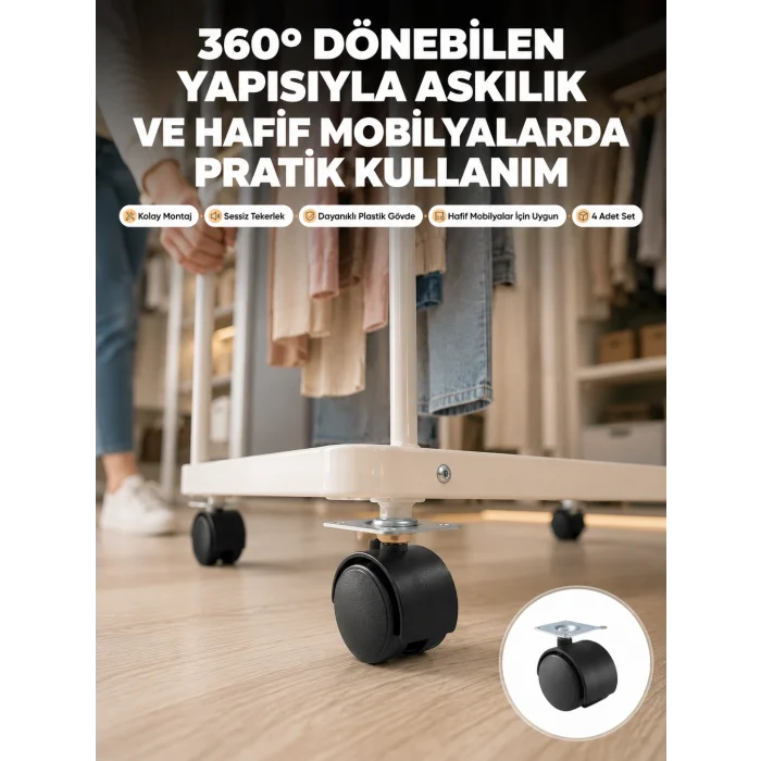 4 cm Kilitsiz Tekerlek Ayak Seti Zemin Koruyucu