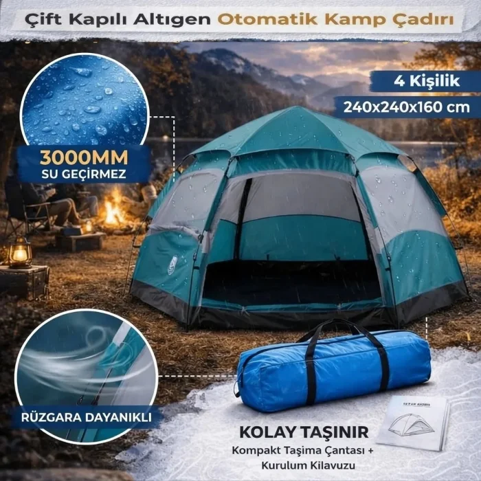 4 Kişilik Otomatik Kamp Çadırı – Altıgen Tasarım, Çift Kapılı, Suya Dayanıklı, Hızlı Kurulumlu Geniş Aile Outdoor Çadırı 240x240x160 cm