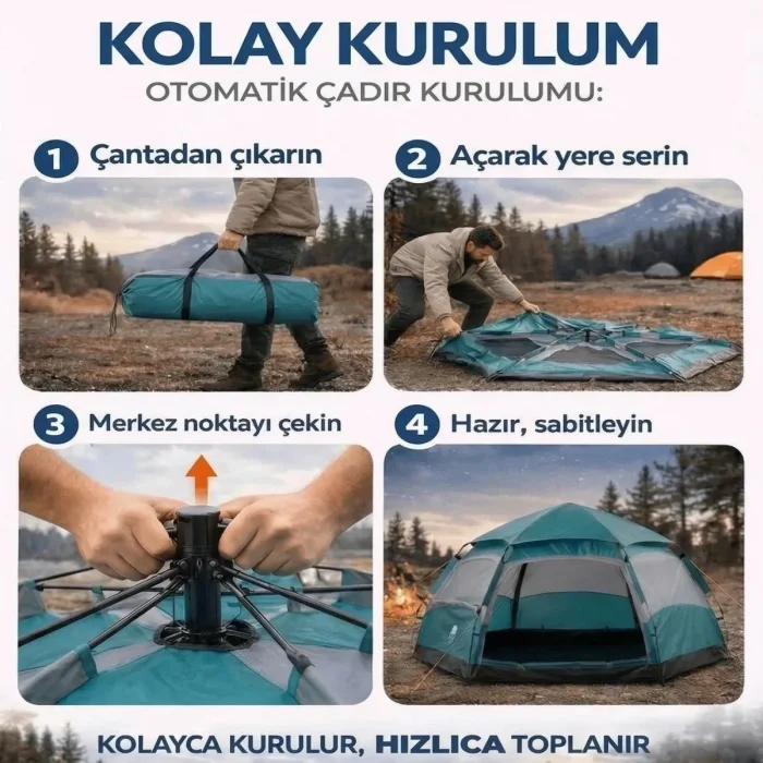 4 Kişilik Otomatik Kamp Çadırı – Altıgen Tasarım, Çift Kapılı, Suya Dayanıklı, Hızlı Kurulumlu Geniş Aile Outdoor Çadırı 240x240x160 cm