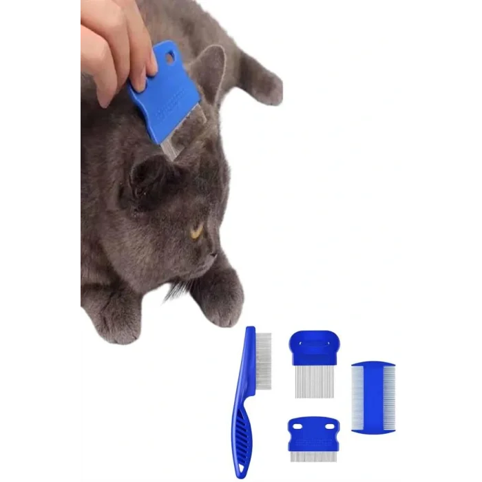 4lü Bit Pire Tarağı Set Kedi Köpek Evcil Hayvan Tüy Toplayıcı Mavi