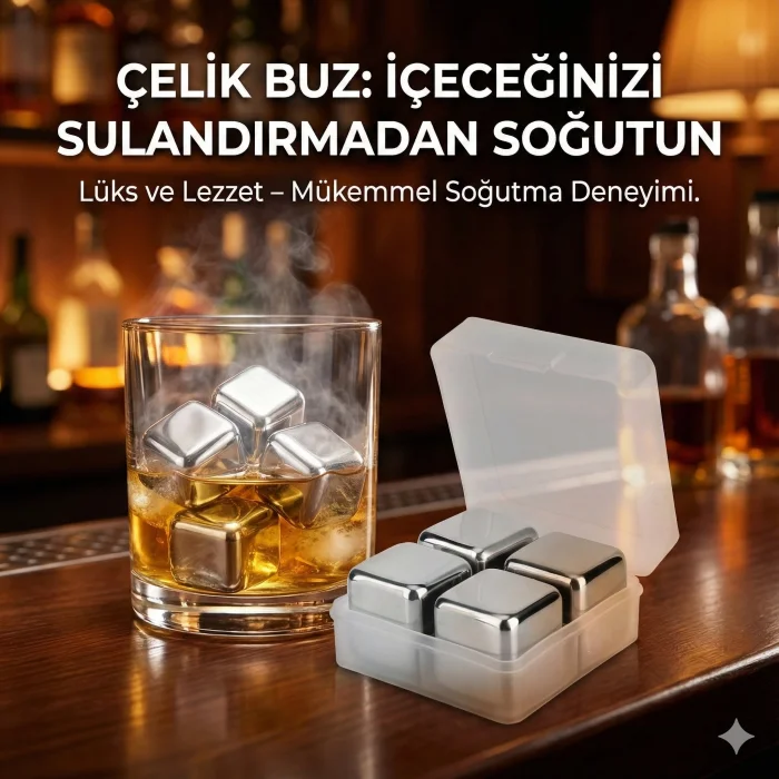 4lü Çelik Metal Kaplama Viski Taşı Soğutma Buz Küpü