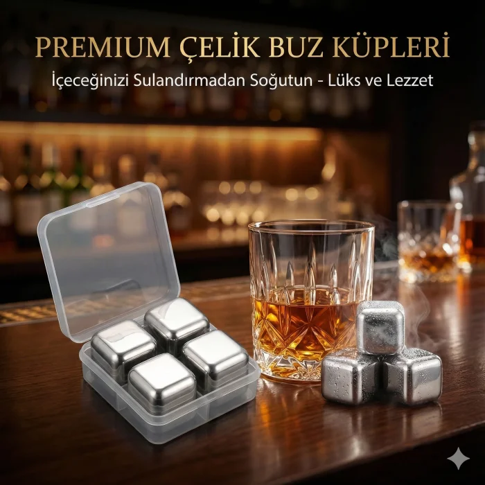 4lü Çelik Metal Kaplama Viski Taşı Soğutma Buz Küpü